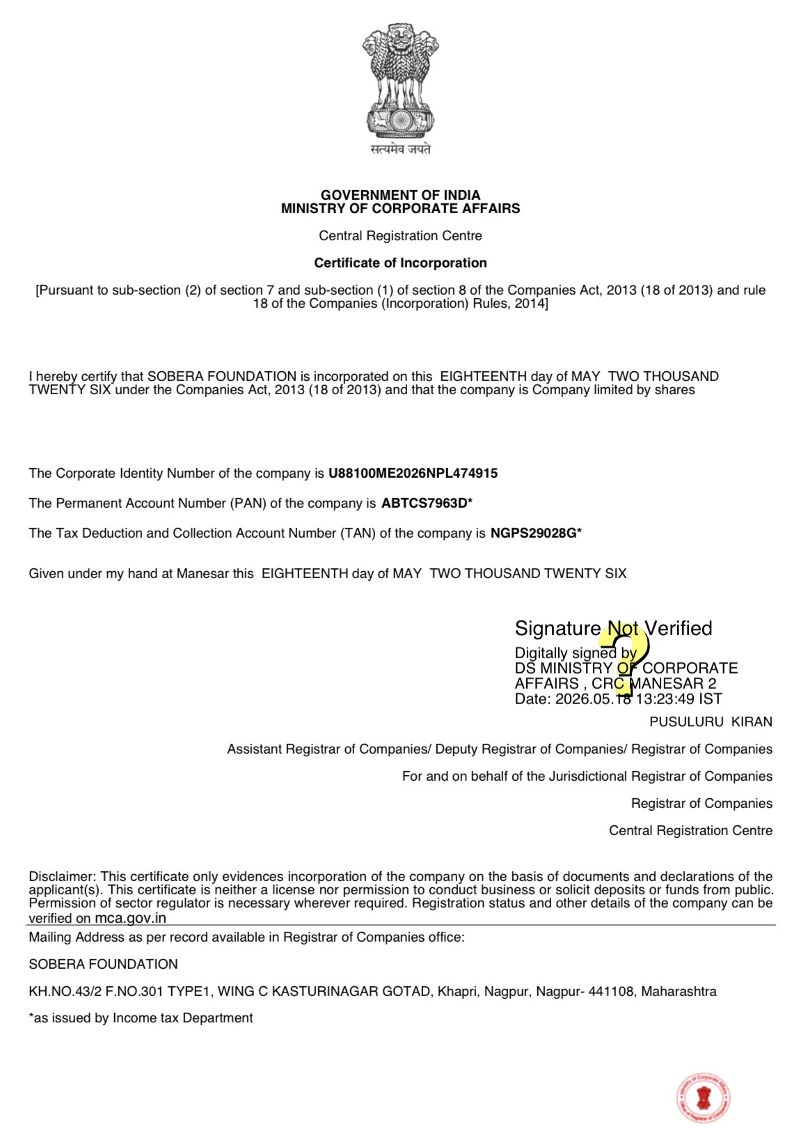 Certificate of Incorporation